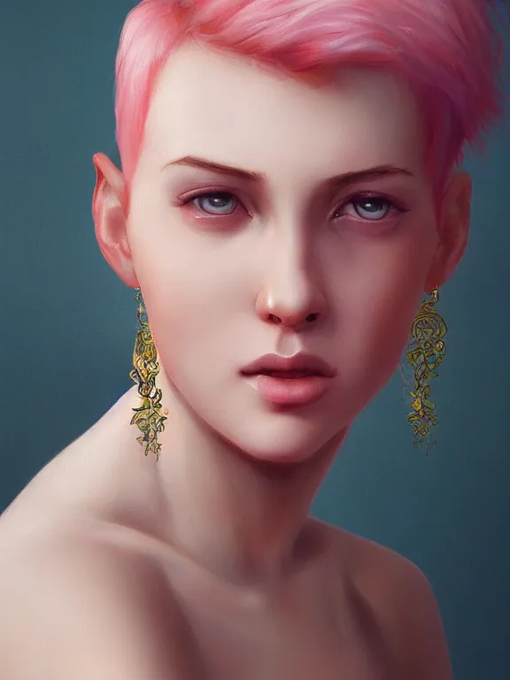 Image similar to beautiful russian girl with short pink hair and nose piercing, thin round earrings, winds of winter, au naturel, hyper detailed, digital art, trending in artstation, cinematic lighting, studio quality, smooth render, octane rendered, concept art, sharp focus, illustration, art by artgerm and greg rutkowski and wlop