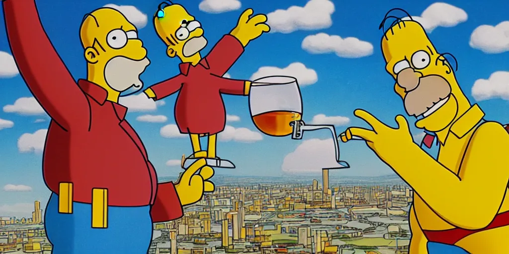 Prompt: A vivid vision of Homer Simpson ascending towards a heavenly beer glass in the sky