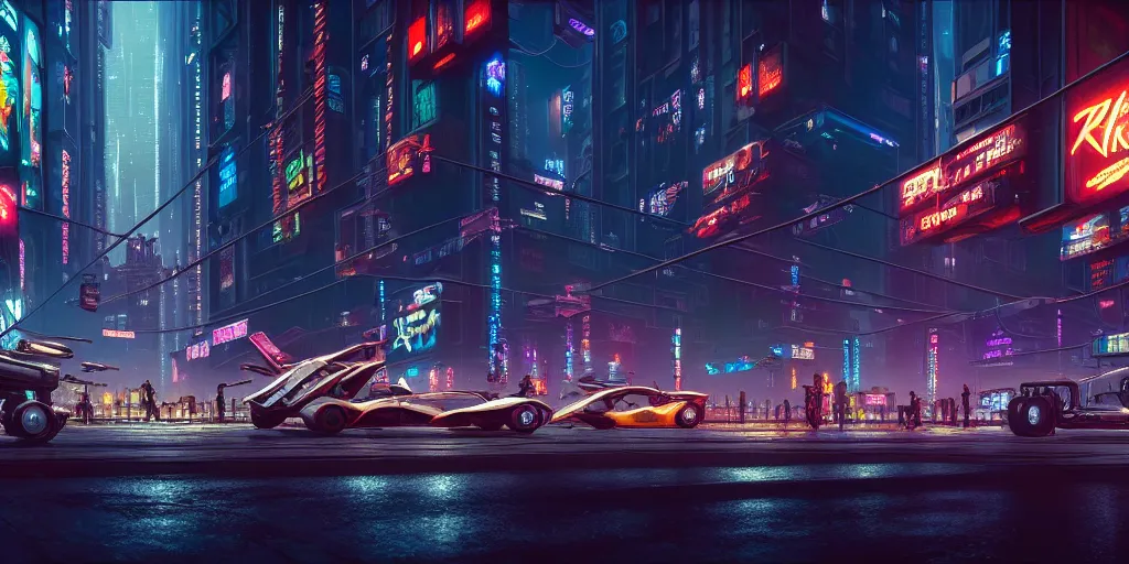 Prompt: a street level painting of a cyberpunk city with flying cars, advertisements, night, highly detailed, intricate, dynamic lighting, painting by otto dix and greg rutkowski, unreal engine, octane render, 8 k