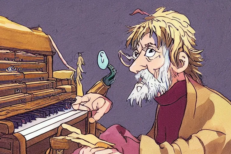 Image similar to A cell animation of an old wizard playing a magical pipe organ, Nausicaa of the Valley of the Wind, Miyazaki Hayao, ghibli style, illustration, anime, trending on artstaion