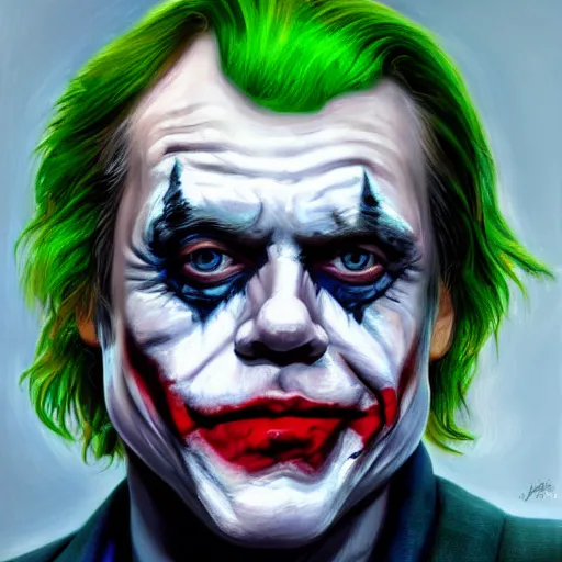 Image similar to oil painting portrait of mark hamill. the joker, jeri robes. artgerm, artstation, highly detailed, portrait