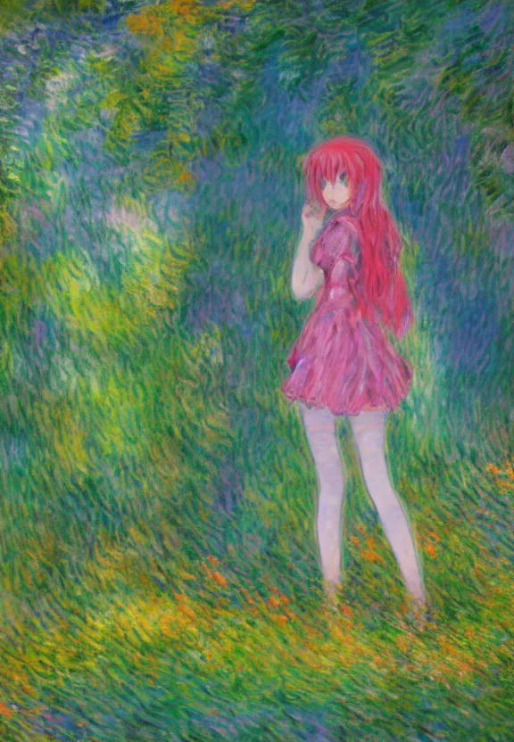 Prompt: wide angle painting of a teenage girl, a thrifty outfit, somewhat of an anime in impressionist style, fantasy forest background, trending artwork, illustrated in anime painter studio, by claude monet and an anime artist, collaboration