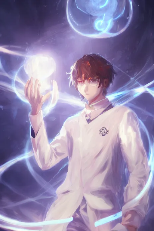 Prompt: anime teen guy with short wavy white hair wearing white formal attire surrounded by light orbs, moody, wlop, concept art, digital painting, trending on artstation, highly detailed, epic composition, 8 k uhd