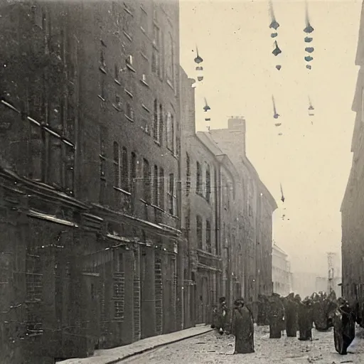 Image similar to grainy 1800s photo of a city street with flying machines above dropping incendiary bombs on it