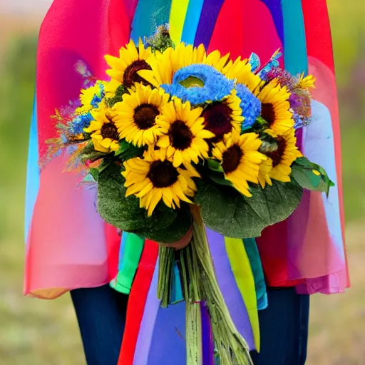 Prompt: photograph of a person in a rainbow cape holding a bouquet of sunflowers