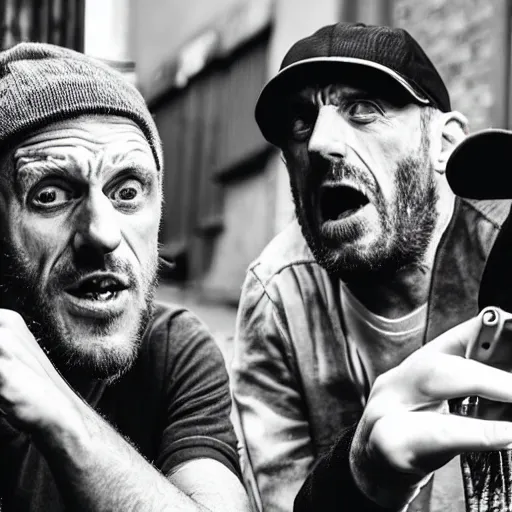 Image similar to sleaford mods shouting at their noisy neighbour, wide angle, gritty