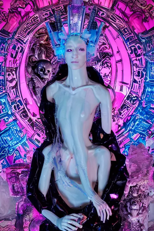 Image similar to photo of full-body baroque and cyberpunk delicate neon crystalline sculpture of ((beautiful feminie albino Italian princess )) as an onyx humanoid deity wearing ((peach plastic hooded cloak)) (holding an onyx skull) in a onyx aztec temple, reclining, glowing blue face, crown of (pink lasers), large blue diamonds, swirling black silk fabric. futuristic elements. oozing glowing liquid, full-length view. space robots. intricate artwork by caravaggio. Trending on artstation, octane render, cinematic lighting from the right, hyper realism, photorealistic, octane render, 8k, depth of field, 3D