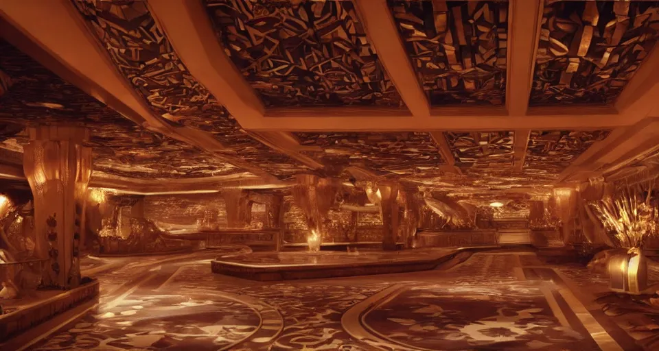 Prompt: An establishing shot from a 2021 Marvel film of the interior of an opulent a fantasy palace designed by Frank Lloyd Wright. Incredibly beautiful.