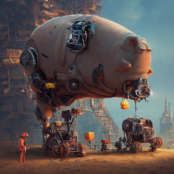 Prompt: crew of robot workers building giant pig, octane render, 4 k ultra hd, hyper - detailed, realistic, seedy lighting, sharp focus, in style of beeple gediminas pranckevicius