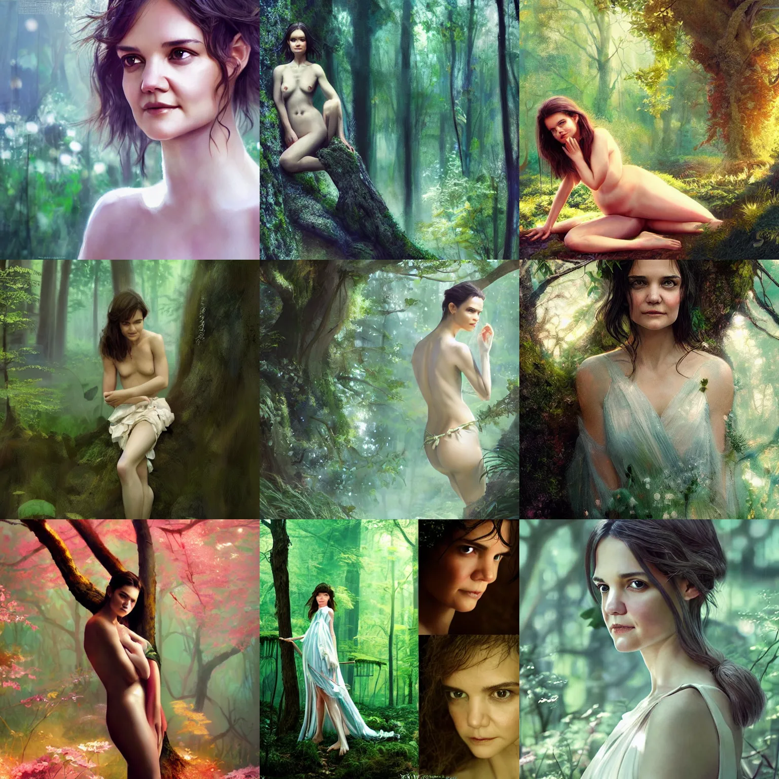 Prompt: katie holmes as a nymph in forest, cool color palette, refreshing, soft lighting, by hayao myazaki, by wlop
