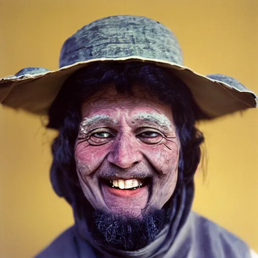 Prompt: The smiling face of a 500 year old man, soft butterfly lighting, Fujifilm Velvia, F 1.2