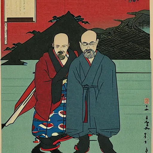 Image similar to walter white and jesse pinkman ukiyo - e