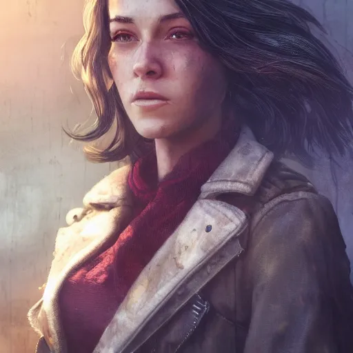 Image similar to fallout 5, charismatic beautiful rugged brunette female protagonist, portrait, outdoors ruined cityscape, atmospheric lighting, painted, intricate, volumetric lighting, beautiful, daytime, sunny weather, slight overcast, sharp focus, deep colours, ultra detailed, by leesha hannigan, ross tran, thierry doizon, kai carpenter, ignacio fernandez rios