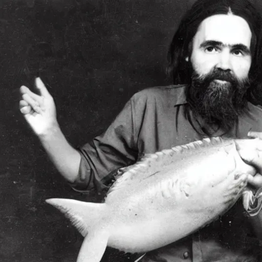 Prompt: charles manson with a baby body riding a flying fish