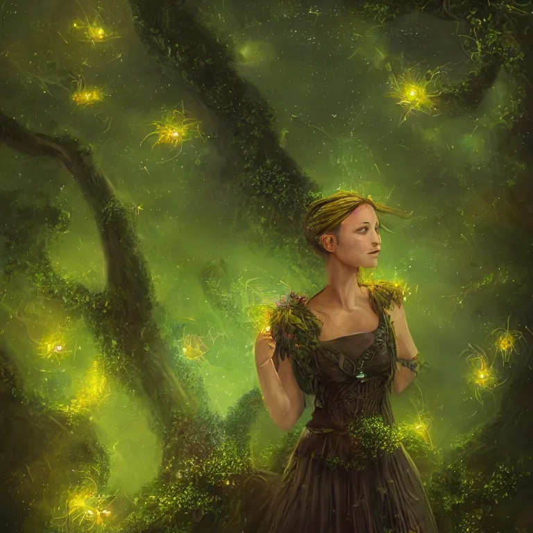 Prompt: a beautiful concept art portrait of a single woman with fireflies and stars in her hair, blooming green slopes and lianas in the background, highly detailed, hdr, 8 k resolution, fantasy art, trending on instagram