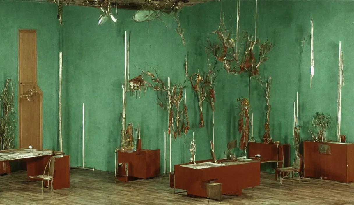 Prompt: a still of severance series indoor 7 0 s green velvet and wood with metal furniture office scenario appearing in a film of parajadnov, in movie color of the pomegranates ( 1 9 6 9 )