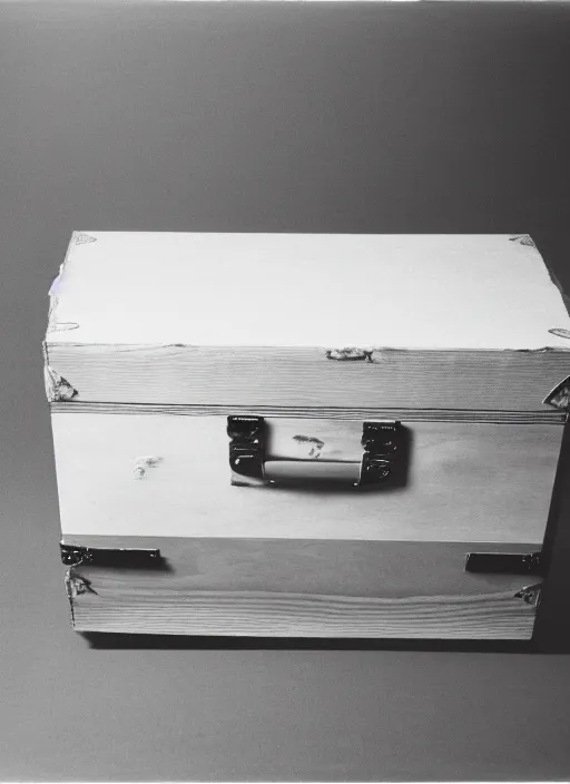 Image similar to realistic photo of white hairy cloud in a wooden box briefcase, front view, grain 1 9 9 0, life magazine reportage photo, metropolitan museum photo