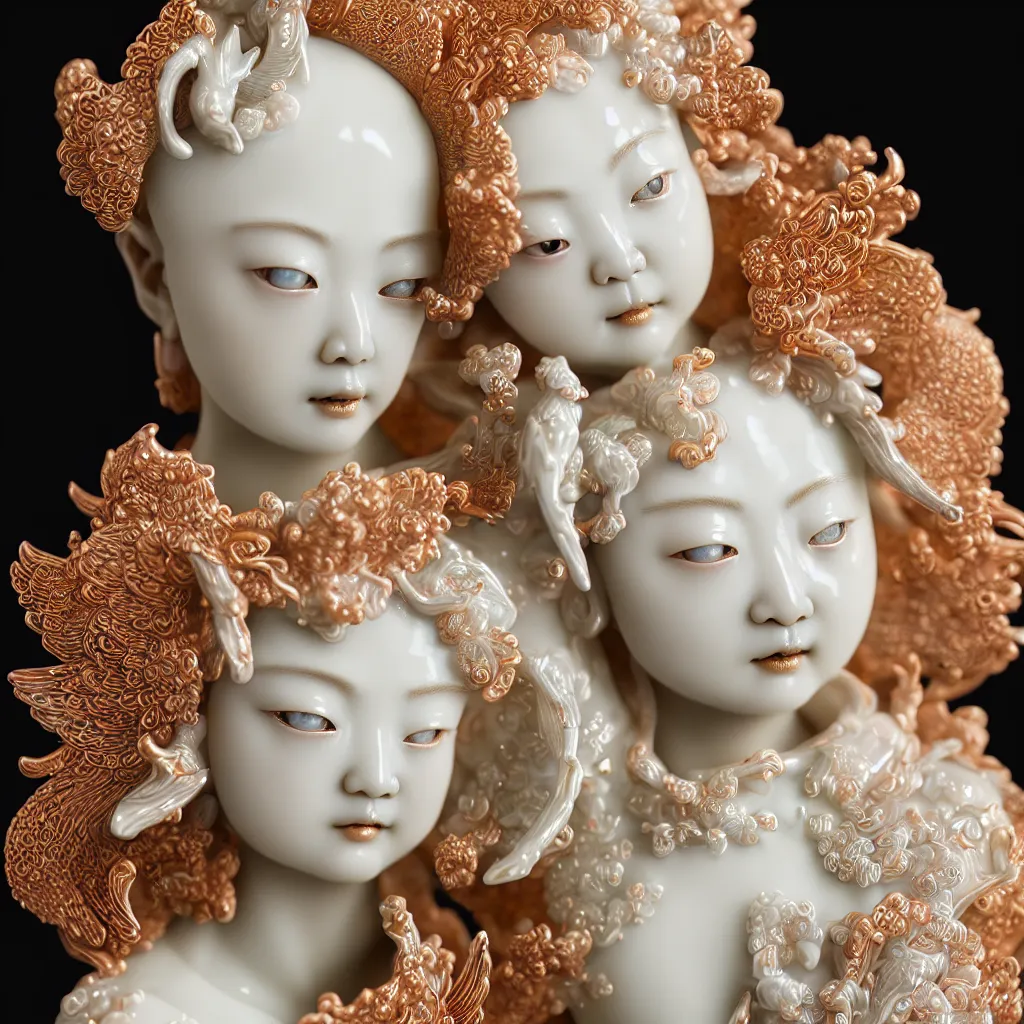 Prompt: A Close up photo-real delicate ceramic porcelain sculpture of an angel ornate detailed in front of an intricate background by Victo Ngai and takato yamamoto, micro detail, backlit lighting, face in focus, translucent, thin porcelain, octane renderer, colorful, physically based rendering, japanese pottery