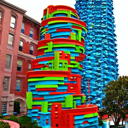 Image similar to building by dr seuss, with towers, bridges, stairs, childrens book