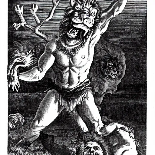 Prompt: wildman wrestling lion, Old Testament