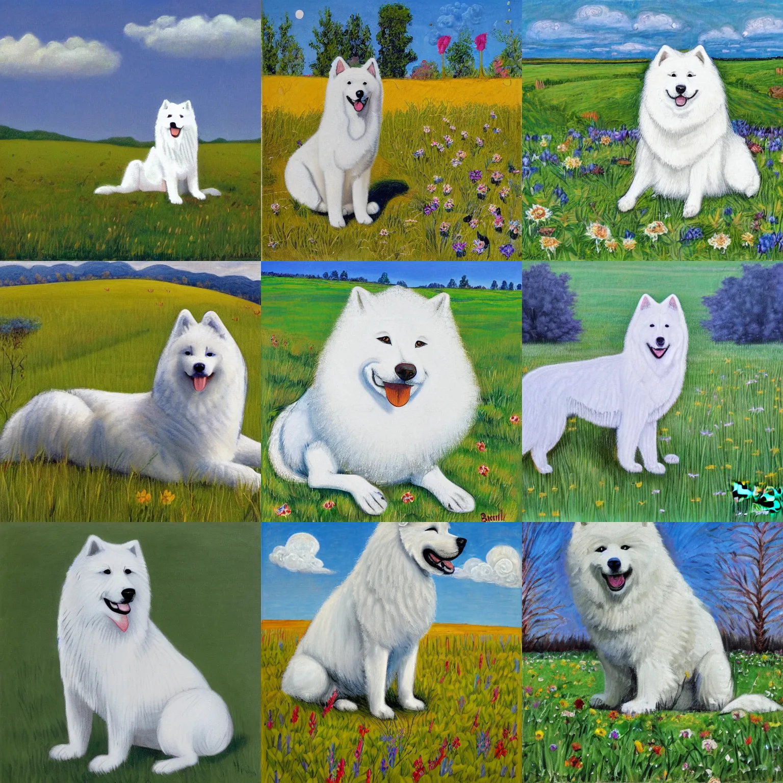 Prompt: a samoyed dog sitting in the middle of sunny meadow, by david burliuk