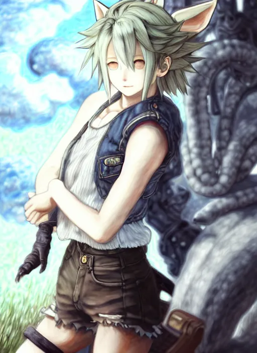 Image similar to a portrait of nekomimi wearing white vest, and denim shorts an ultrafine detailed painting, detailed painting, detailed eyes!!, final fantasy octopath traveler lovecraft cosmc horror