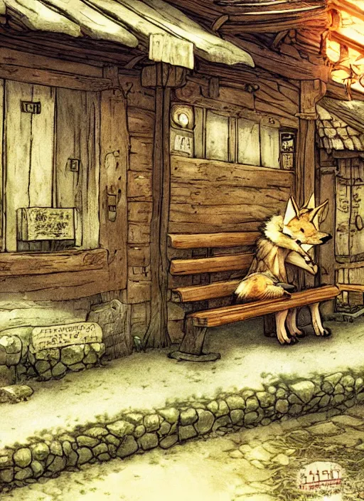 Prompt: cute coyote sleeping on a bench in a cozy tavern, hidari, color page, tankoban, 4K, tone mapping, Akihiko Yoshida.