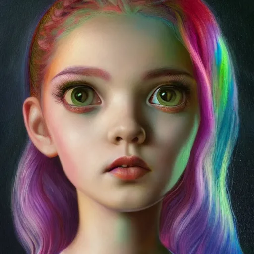 Image similar to an intelligent young girl with rainbow hair looking at the camera, she has a cute face, intricate, elegant, highly detailed, digital painting, artstation, concept art, smooth, sharp focus, illustration, art by mark ryden and gaston bussiere 3 d 8 k ultra detailed