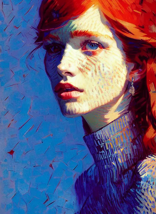 Prompt: portrait of a beautiful girl, redhead, shades of blue, beautiful face, rule of thirds, intricate outfit, spotlight, by greg rutkowski, by jeremy mann, by francoise nielly, by van gogh, digital painting