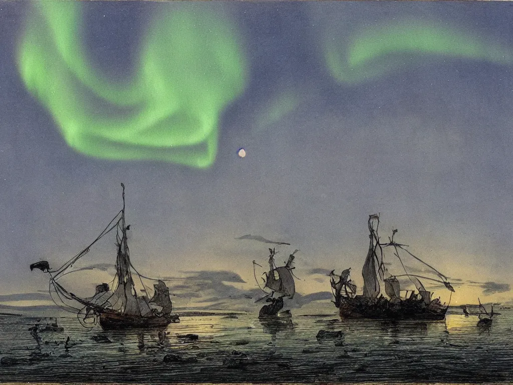 Prompt: Viking ship in the sea next to the fjords with northern lights above them in the art style of Theodor Kittelsen