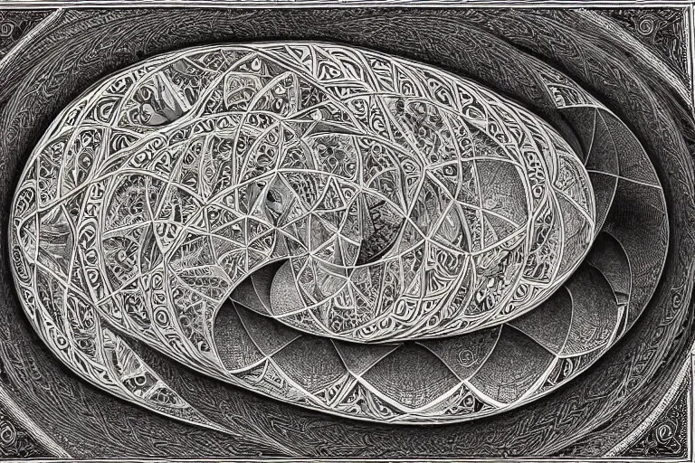 Image similar to an ornate illustration in the styles of mandalas and fractals, the styles of escher and penrose, depicting a weasel staring deep into the heart of the impossible all - and - nothing of the emerging technological singularity ; / what has god wrought? / he seems to be whispering.