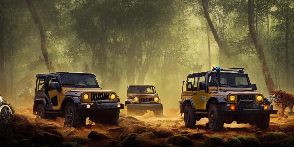 Image similar to Mahindra thar, in kerala forest, tigers and lions chasing, action scene, an epic fantasy, dramatic lighting, cinematic, establishing shot, extremely high detail, photorealistic, cinematic lighting, matte painting, artstation, by simon stalenhag, horizon forbideen west