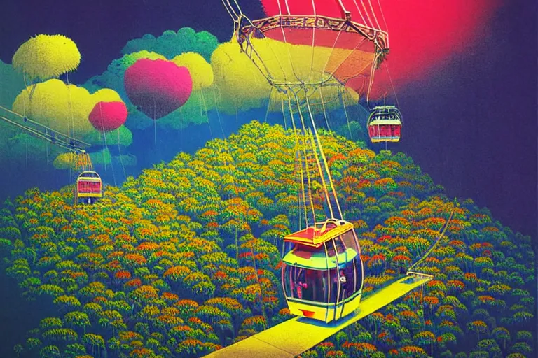 Prompt: surreal glimpse into other universe, langkawi cable car, summer morning, very coherent and colorful high contrast, art by!!!! gediminas pranckevicius!!!!, geof darrow, floralpunk screen printing woodblock, dark shadows, hard lighting, stipple brush technique,