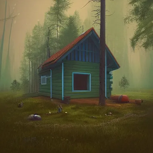 Image similar to “ swedish cabin in the forest next to the lake by simon stalenhag, misty morning, cinematic ”