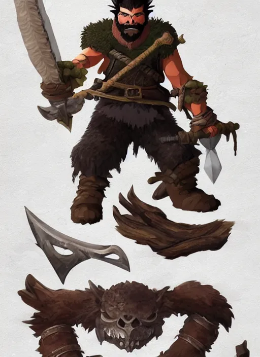 Image similar to strong young man, bugbear ranger, black beard, dungeons and dragons, hunters gear, flaming sword, jeweled ornate leather armour, concept art, character design on white background, by studio ghibli, makoto shinkai, kim jung giu, poster art, game art