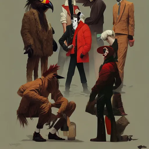 Prompt: anthropomorphic fashion vogue Vulture man man wearing a Buzzard costume wearing a hobo costume ripped physique gerald brom bastien grivet greg rutkowski norman rockwell portrait