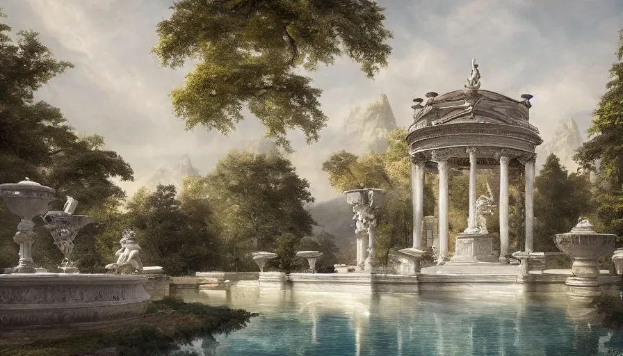 Prompt: Digital painting of a beautiful neoclassical castle with a large garden and a marble fountain, in the snowy mountains, hyperdetailed, artstation, cgsociety, 8k