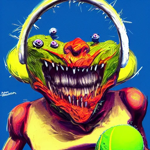 Image similar to a tennis ball monster, tennis court, digital art, fantasy, magic, trending on artstation, ultra detailed, professional illustration by Basil Gogos