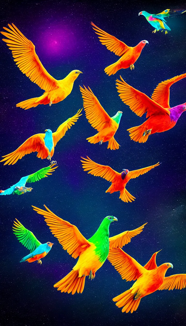 Prompt: highly detailed photo of three big colorful birds flying in the dark space, all birds head and eye are visible, hyper realistic, concept art, 8 k detail post - processing