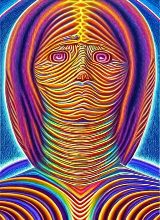 Image similar to Sideral self-reflecting journey through layers and layers of complexity, painting by Alex Grey