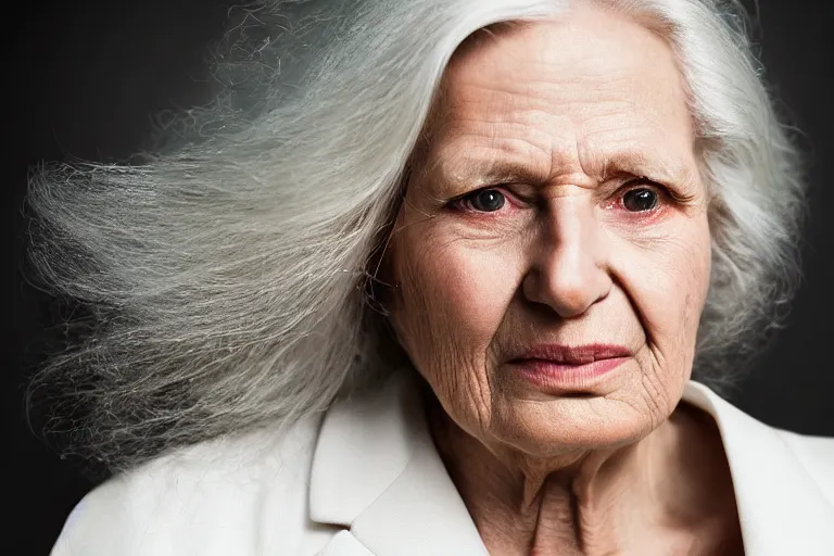 Image similar to a realistic studio cinematic headshot portrait of a beautiful old woman, wearing futuristic white suit, ceo, 4 k, ultra realistic, dramatic lighting, vogue, fashion, by annie leibovitz