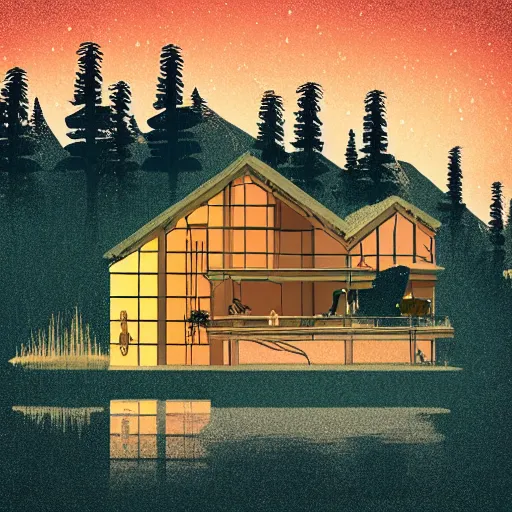 Image similar to small sci - fi cottage at the edge of a lake in the mountains, retro illustration on parchment, soft glowing windows, early evening, reflections, pine trees,