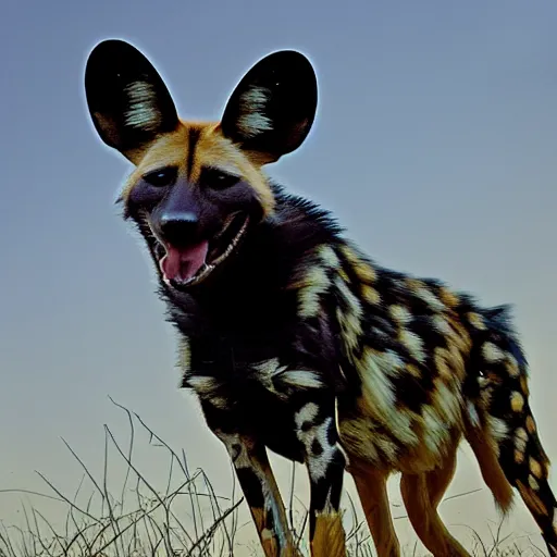 Prompt: A photograph of an African Wild Dog wearing a photograph.