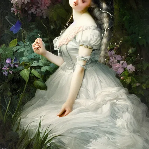 Prompt: Alice in Wonderland,a portrait of a beautiful Silver hair girl,Diamonds Blaze,Rose twining,luxuriant,dreamy, eternity, romantic,highly detailed,in the style of Franz Xaver Winterhalter, highly detailed,in the style of Aetherpunk