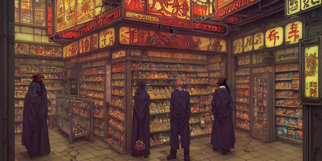 Prompt: fantasycore, eldritch, psychic, masterpiece, 8k resolution, scrollwork, magic conduits, zBrush, cel-shaded, 2099 neo-tokyo, convenience store, pastiche by Dan Witz, composition by alphonse mucha