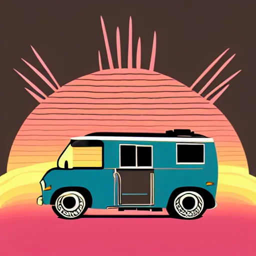 Image similar to stylized line art graphic of a white and black cute thor chateau! motorhome camper!!, mountains, colorful sunset!!, retro line art by tom whalen