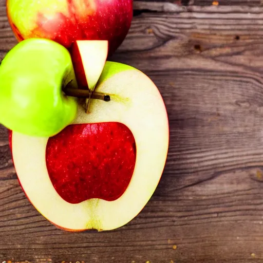 Prompt: close up image of a apple slice with bokeh bacground of cutting board and apple