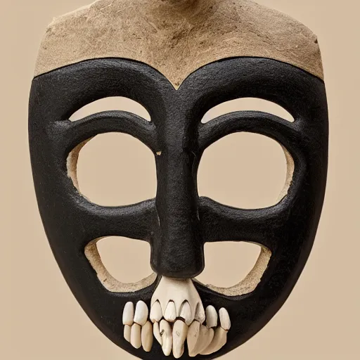 Image similar to symmetrical product photograph of a tribal mask made from bone and obsidian