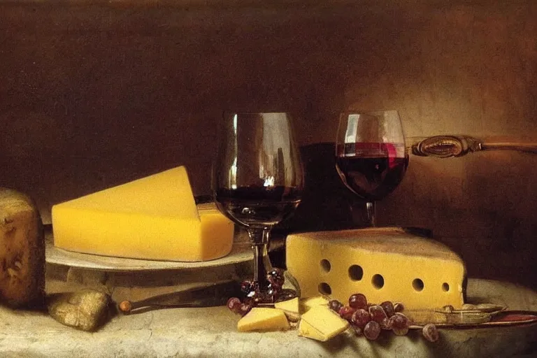 Prompt: still life of a husky with a glass of wine and cheese by rembrandt, masterpiece, detailed, epic