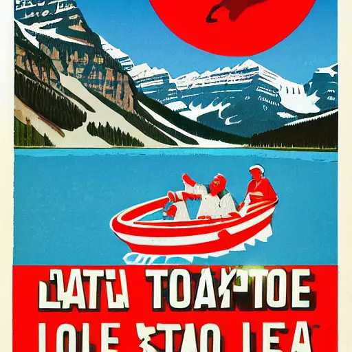 Prompt: soviet style propaganda convincing people to stay at Lake Louise in Banff National park